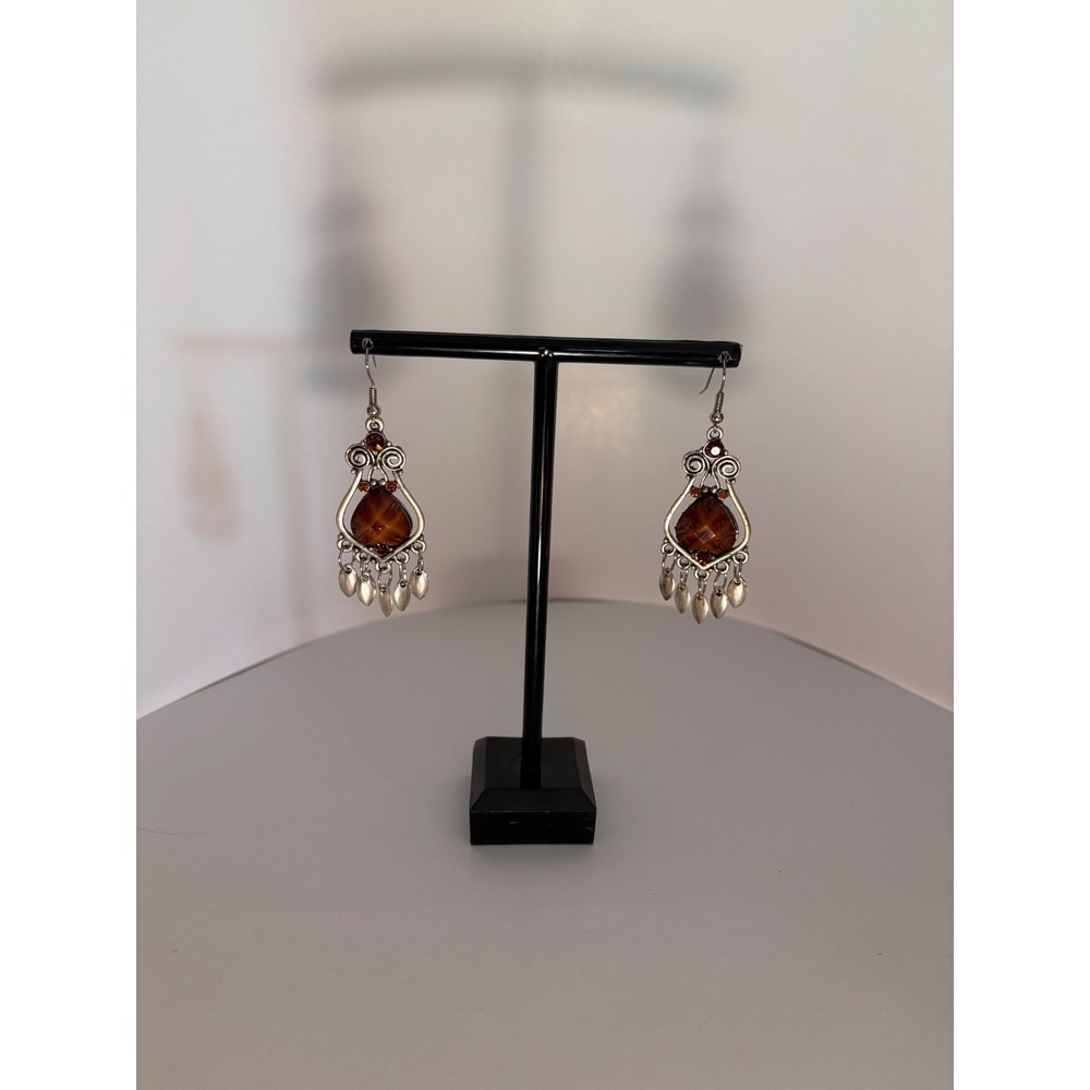 Boho Silver Tone Amber Teardrop Chandelier Earrings with Leaf Charms
